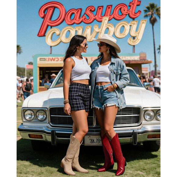 Women's Red Leather Pointed Toe Chunky Heel Knee High Wide Calf Cowgirl Boots - Picture 2 of 6